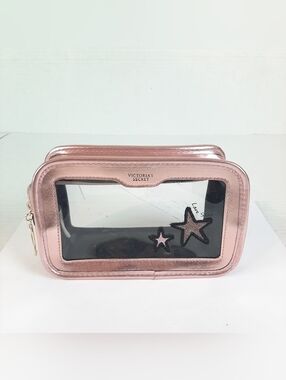 Victoria's Secret Shiny Metallic Cosmetic Makeup Bag Travel Pouch Pink Stars